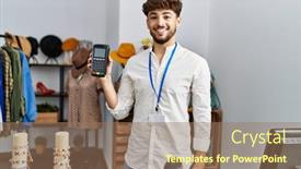  Presentation with man holding phone - PPT theme consisting of young-arab-man-smiling-confident background and a coral colored foreground