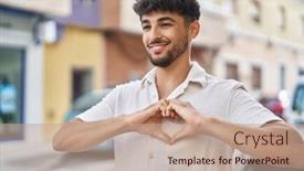  Presentation with heart hands - Theme with young-arab-man-smiling-confident background and a coral colored foreground