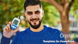  Presentation with glucometer - Slides consisting of young-arab-man-smiling-confident background and a ocean colored foreground