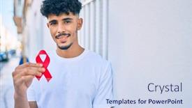  Presentation with red ribbon hiv - PPT layouts enhanced with young-arab-man-smiling-happy background and a sky blue colored foreground
