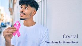  Presentation with pink ribbon - Presentation design enhanced with young-arab-man-smiling-happy background and a sky blue colored foreground