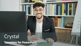  Presentation with student writing - Presentation theme having young-arab-man-student-using background and a dark gray colored foreground