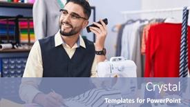  Presentation with clothing factory - PPT layouts with young-arab-man-tailor-listening background and a  colored foreground