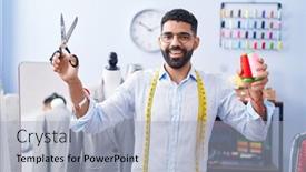  Presentation with thread - Theme featuring young-arab-man-tailor-smiling background and a  colored foreground
