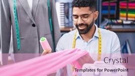  Presentation with thread - Presentation theme with young-arab-man-tailor-smiling background and a lemonade colored foreground