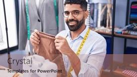  Presentation with jeans - PPT theme having young-arab-man-tailor-smiling background and a coral colored foreground