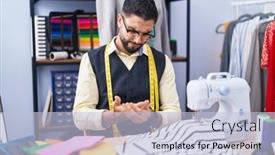  Presentation with factory machine - Slide deck enhanced with young-arab-man-tailor-stressed background and a light blue colored foreground