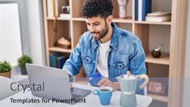  Presentation with credit card - Presentation theme enhanced with young-arab-man-using-laptop background and a light blue colored foreground