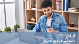  Presentation with credit card - Slides enhanced with young-arab-man-using-laptop background and a teal colored foreground