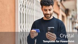  Presentation with credit card - Presentation theme with young-arab-man-using-smartphone background and a tawny brown colored foreground