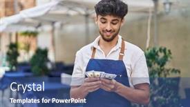  Presentation with restaurant waiter - PPT theme consisting of young-arab-man-waiter-counting background and a ocean colored foreground