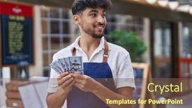  Presentation with restaurant waiter - Slides with young-arab-man-waiter-counting background and a violet colored foreground