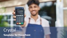  Presentation with man holding phone - Slide set consisting of young-arab-man-waiter-holding background and a ocean colored foreground