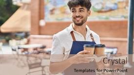  Presentation with restaurant waiter - Slide deck having young-arab-man-waiter-smiling background and a coral colored foreground