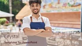  Presentation with restaurant waiter - PPT theme consisting of young-arab-man-waiter-standing background and a coral colored foreground