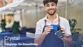  Presentation with restaurant waiter - Slide set featuring young-arab-man-waiter-using background and a ocean colored foreground
