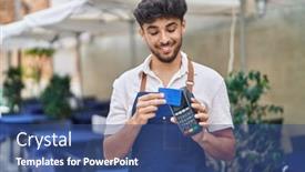  Presentation with restaurant waiter - Slide set having young-arab-man-waiter-using background and a ocean colored foreground