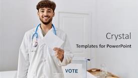  Presentation with vote - Presentation theme featuring young-arab-man-wearing-doctor background and a light gray colored foreground