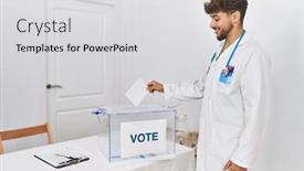  Presentation with voting - Presentation design featuring young-arab-man-wearing-doctor background and a light gray colored foreground
