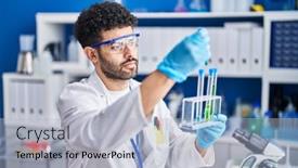  Presentation with test tubes - Theme consisting of young-arab-man-wearing-scientist background and a light blue colored foreground