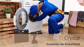  Presentation with laundry room - Presentation with young-arab-man-wearing-technician background and a coral colored foreground