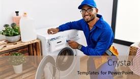  Presentation with laundry room - Slide set featuring young-arab-man-wearing-technician background and a coral colored foreground