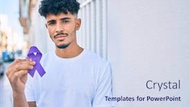  Presentation with purple wall - Colorful presentation design enhanced with young-arab-man-with-serious backdrop and a sky blue colored foreground