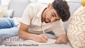  Presentation with notebook - PPT theme consisting of young-arab-man-writing background and a coral colored foreground