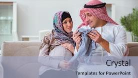  Presentation with muslim family - Amazing slides having young arab muslim family with pregnant wife expecting baby backdrop and a light blue colored foreground