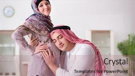  Presentation with muslim family - Colorful theme enhanced with young arab muslim family with pregnant wife expecting baby backdrop and a coral colored foreground