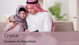  Presentation with muslim family - Beautiful PPT theme featuring young arab muslim family with pregnant wife expecting baby backdrop and a coral colored foreground