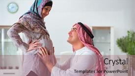  Presentation with muslim family - PPT layouts consisting of young arab muslim family with pregnant wife expecting baby background and a coral colored foreground