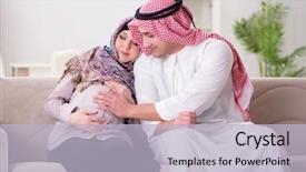  Presentation with muslim family - Cool new slide set with young arab muslim family with pregnant wife expecting baby backdrop and a light blue colored foreground