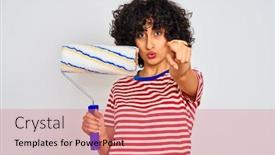  Presentation with paint roller - Audience pleasing presentation theme consisting of young arab painter woman with curly hair holding paint roller over isolated white background pointing with finger to the camera and to you hand sign positive and confident gesture from the front backdrop and a coral colored foreground
