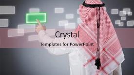  Presentation with virtual awards ceremony - Colorful slides enhanced with young arab pressing virtual buttons backdrop and a coral colored foreground