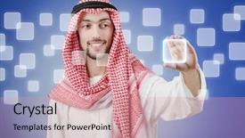  Presentation with virtual - Presentation design featuring young arab pressing virtual buttons background and a  colored foreground