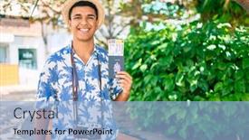  Presentation with tourist - Amazing PPT theme having young-arab-tourist-man-using backdrop and a light blue colored foreground