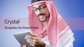  Presentation with computer - Presentation design consisting of young arab with tablet computer background and a coral colored foreground