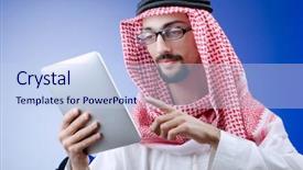  Presentation with maintenance of computer - Audience pleasing theme consisting of young arab with tablet computer backdrop and a light blue colored foreground