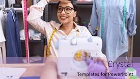  Presentation with far away - PPT layouts with young-arab-woman-dressmaker-designer background and a light blue colored foreground