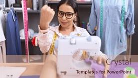  Presentation with working woman - PPT theme consisting of young-arab-woman-dressmaker-designer background and a coral colored foreground