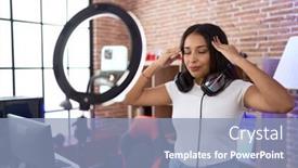  Presentation with influencer - Presentation theme featuring young-arab-woman-influencer-recording background and a light blue colored foreground