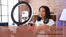  Presentation with influencer - Presentation design having young-arab-woman-influencer-recording background and a coral colored foreground