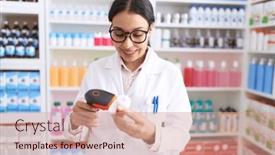  Presentation with scanning - Presentation design enhanced with young-arab-woman-pharmacist-scanning background and a coral colored foreground