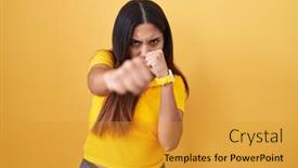  Presentation with violence woman - Slide set having young-arab-woman-standing-over background and a gold colored foreground