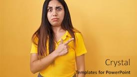  Presentation with forefinger - PPT layouts consisting of young-arab-woman-standing-over background and a gold colored foreground