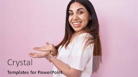  Presentation with woman hands open - PPT layouts consisting of young-arab-woman-standing-over background and a lemonade colored foreground