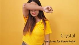  Presentation with sad woman - Slide set enhanced with young-arab-woman-standing-over background and a gold colored foreground