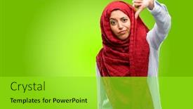  Presentation with hijab - Amazing PPT theme having young arab woman wearing hijab showing thumbs down unhappy sign of dislike negative expression and disapproval backdrop and a yellow colored foreground
