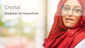  Presentation with hijab - Audience pleasing slide deck consisting of young arab woman wearing hijab nervous and scared biting lips looking camera with impatient expression pensive backdrop and a cream colored foreground